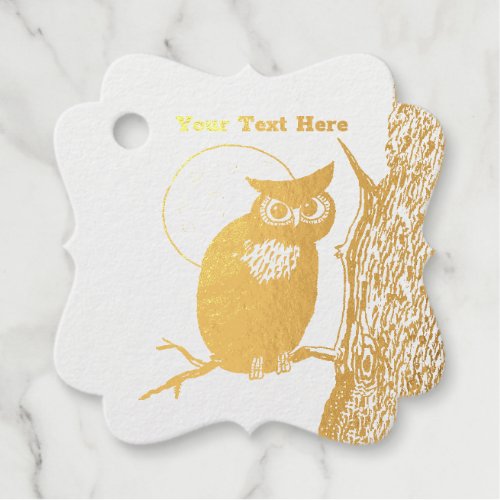 Gold Owl Sitting in Tree Full Moon Big Eyes Foil Favor Tags