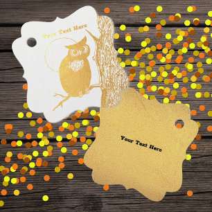 Gold Owl Sitting in Tree Full Moon Big Eyes Foil Favor Tags