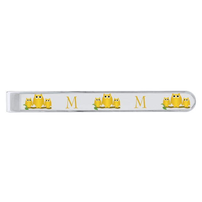 Gold Owls Design Monogrammed Silver Finish Tie Bar (Front)