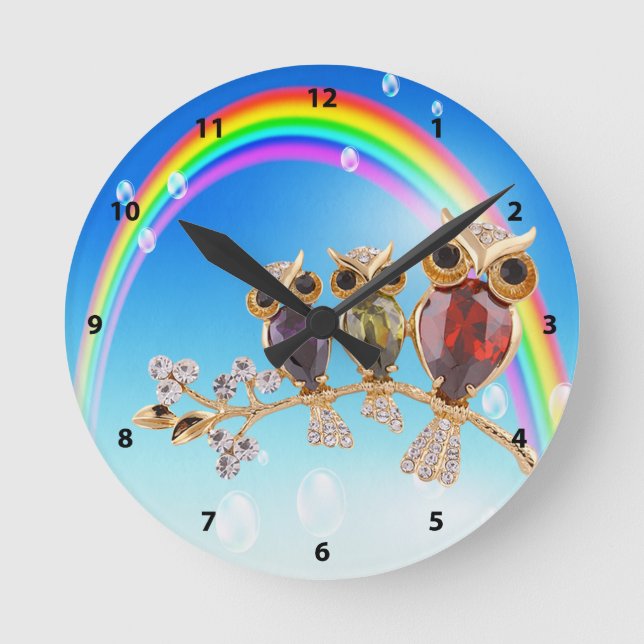 Gold Owls Jewels & Rainbow Clock (Front)