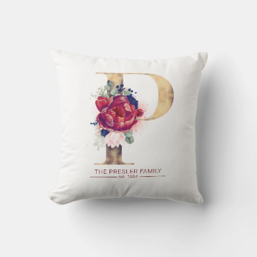 Gold P Monogram Floral Burgundy Red and Navy Blue Throw Pillow