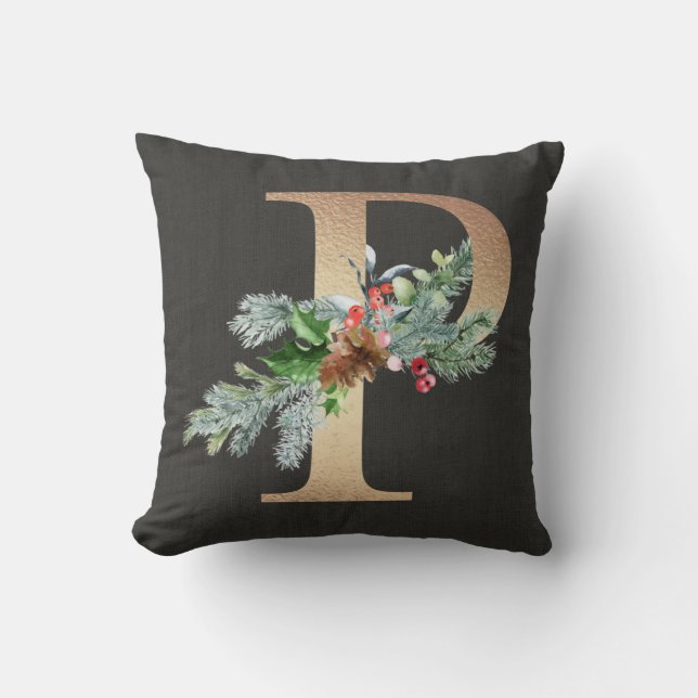 Gold P Monogram Pine & Berries Christmas Family Throw Pillow (Front)