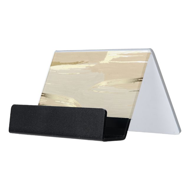 Gold Paint Brush Strokes Desk Business Card Holder (Angled Front)