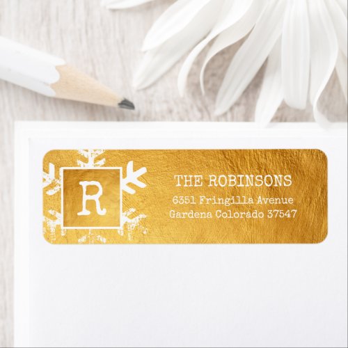 Gold Paint Distressed Snowflake Monogram Holiday Label