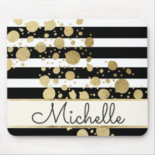 Gold Paint Splatter Black White Stripes Monogram Mouse Pad