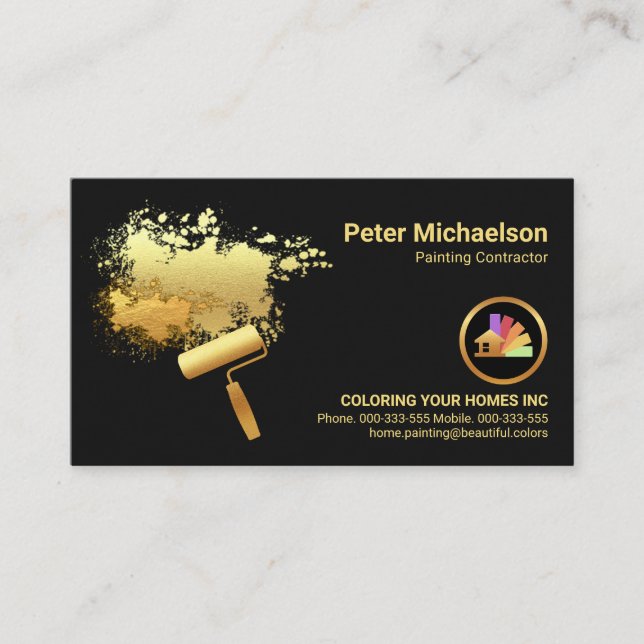 Gold Paint Splatter Roller Brush Painting Business Card (Front)