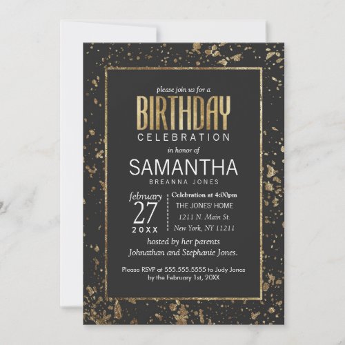 Gold Paint Splatters Birthday Party Invites