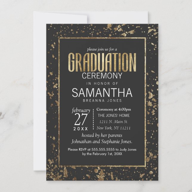 Gold Paint Splatters Graduation Ceremony Invitation (Front)