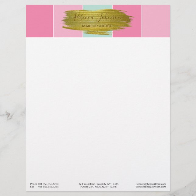 Gold Paint Stroke Colorful Mint Pink Stripes Letterhead (Front)