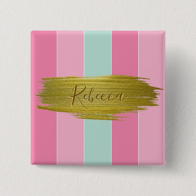 Gold Paint Stroke Colorful Mint Pink Stripes Pinback Button (Front)