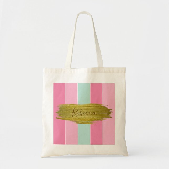 Gold Paint Stroke Colorful Mint Pink Stripes Tote Bag (Front)