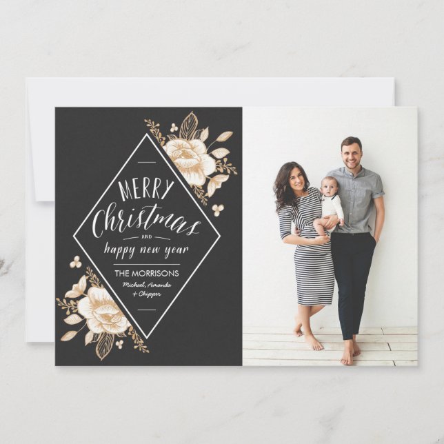 Gold Painted Flowers Christmas Holiday Photo Card (Front)