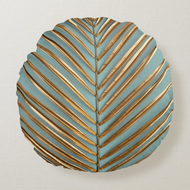 Gold Painted Tropical Palm Pattern Round Pillow (Front)