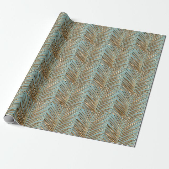 Gold Painted Tropical Palm Pattern Wrapping Paper (Unrolled)