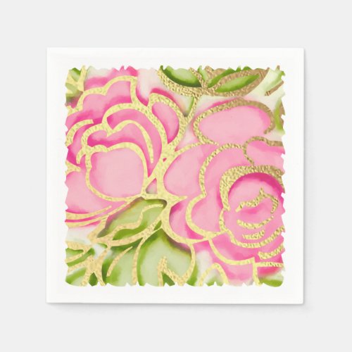 Gold Painted Watercolor Pink Roses Napkins