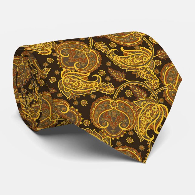 Gold paisley damask floral oriented ethnic patten neck tie (Rolled)