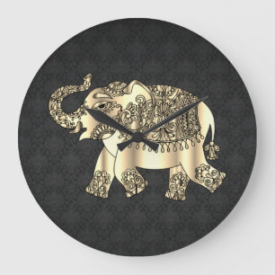 Gold Paisley Floral Elephant,Black Damask Large Clock