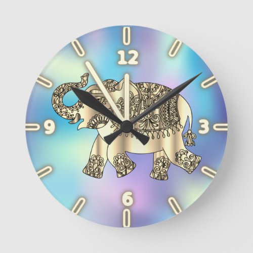 Gold Paisley Floral ElephantBlue Holographic Round Clock