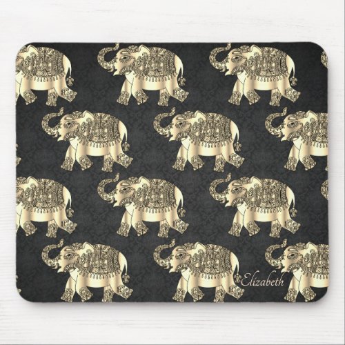 Gold Paisley Floral Elephant Damask_ Personalized Mouse Pad