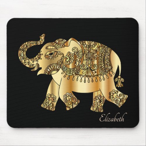 Gold Paisley Floral Elephant_ Personalized Mouse Pad