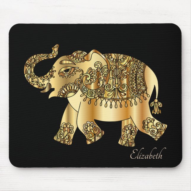 Gold Paisley Floral Elephant- Personalized Mouse Pad (Front)