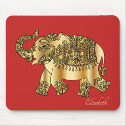 Gold Paisley Floral Elephant, Red- Personalized Mouse Pad