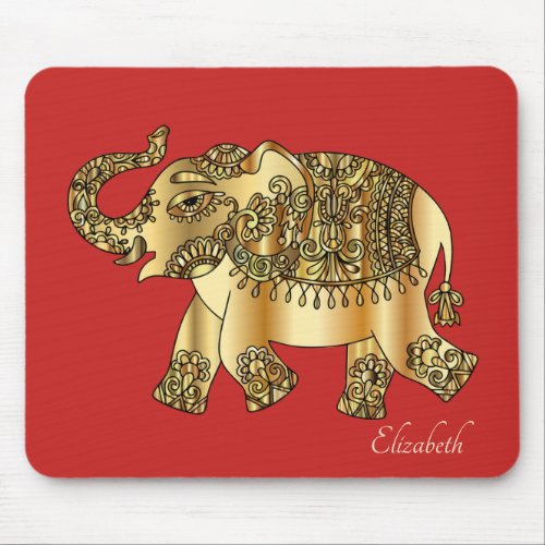 Gold Paisley Floral Elephant Red_ Personalized Mouse Pad