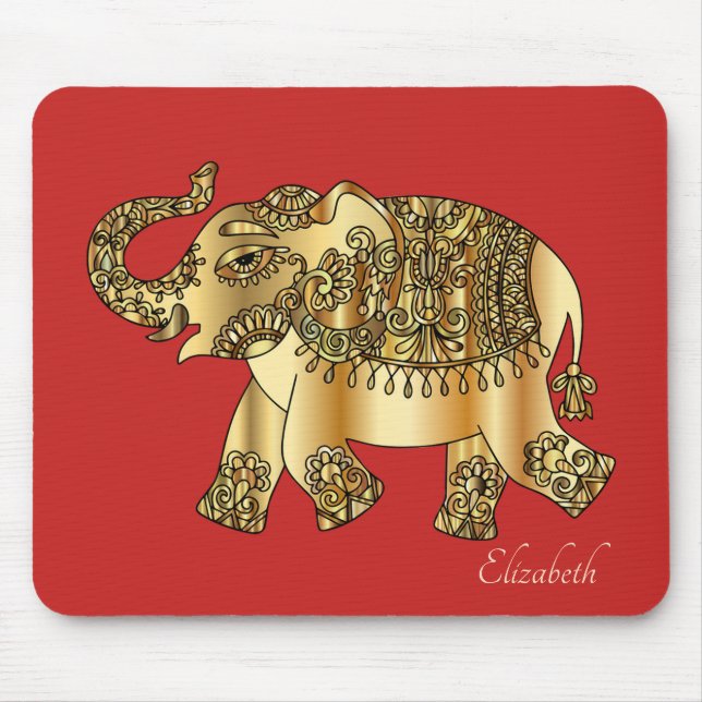 Gold Paisley Floral Elephant, Red- Personalized Mouse Pad (Front)
