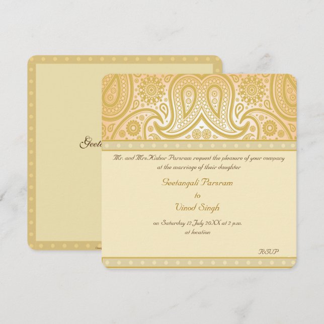 Gold paisley Hindu wedding Invitation (Front/Back)