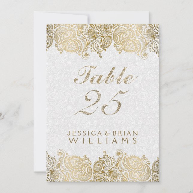 Gold Paisley Lace On White Table Number (Front)
