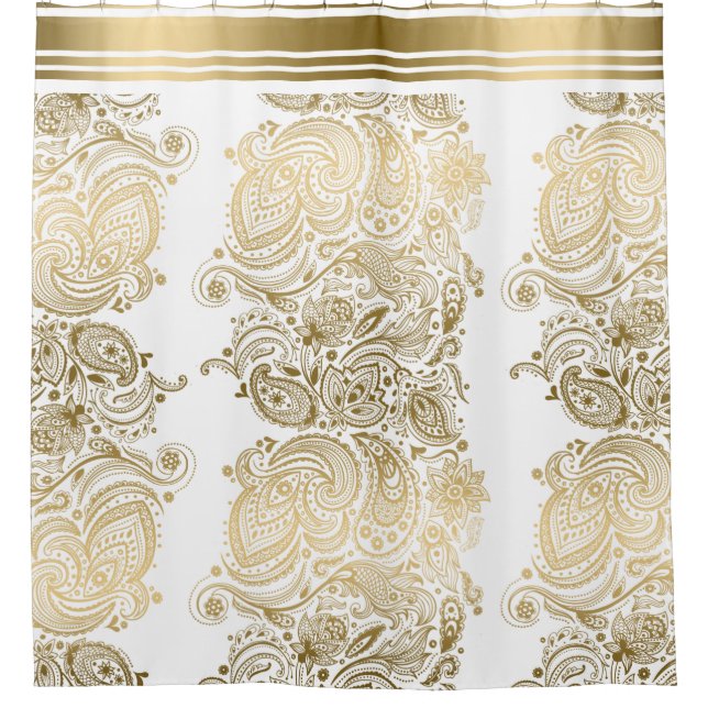 Gold paisley Lace Vertical Stripes Shower Curtain (Front)