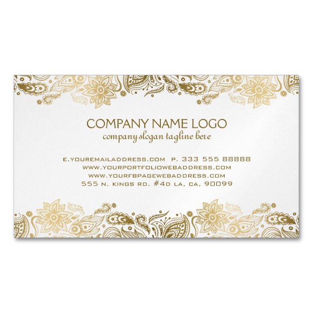 Gold Paisley Lace White Damasks Business Card Magnet (Front)