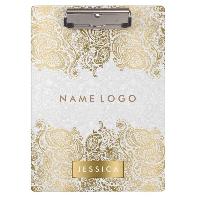 Gold Paisley Lace With White Background Clipboard (Front)