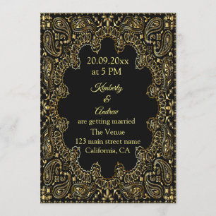Gold Paisley Line Art Wedding Invitation