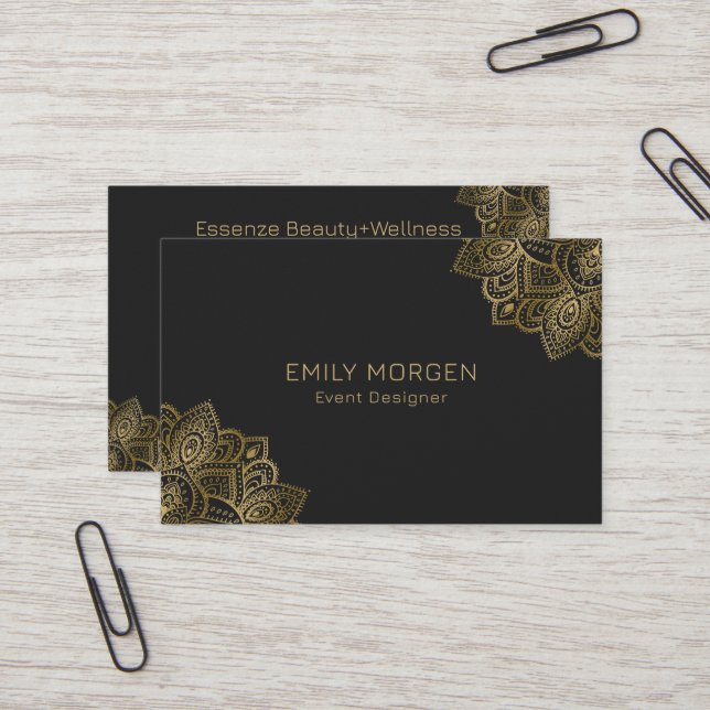 Gold Paisley Mandala On Dar Gray Business Card (Front/Back In Situ)