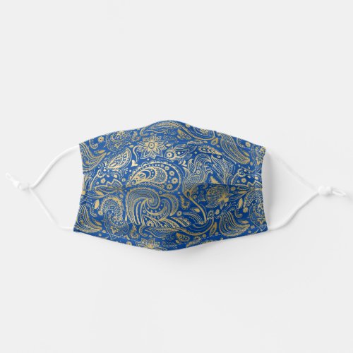 Gold paisley on blue background adult cloth face mask