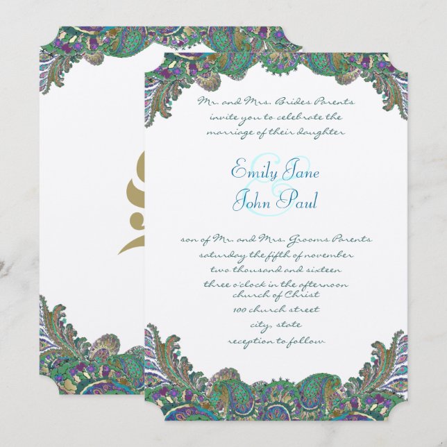 Gold Paisley Peacock Colors Wedding Invitations (Front/Back)