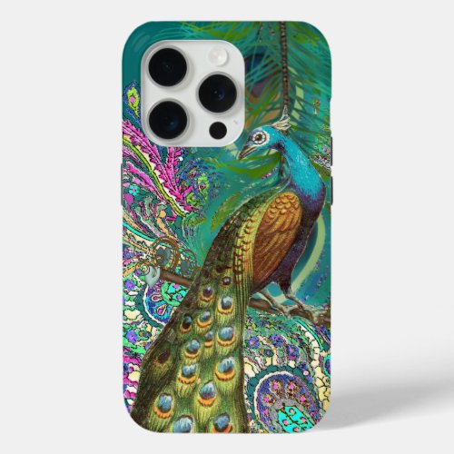 Gold Paisley Peacock  Feathers iPhone 15 Pro Case