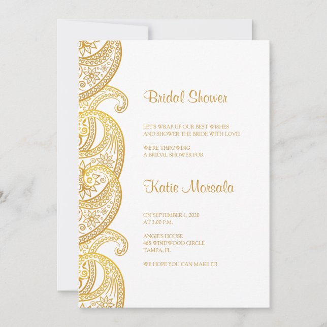 Gold Paisley Traditional Indian Bridal Shower Invitation (Front)