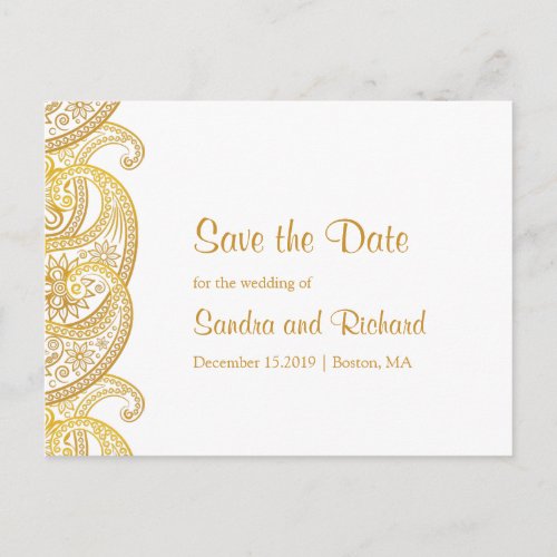 Gold Paisley Traditional Indian Save the Date Announcement Postcard