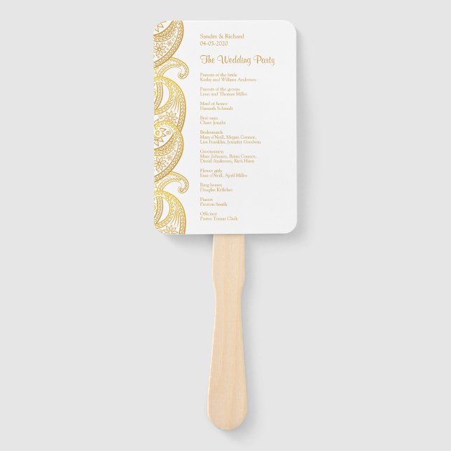 Gold Paisley Traditional Indian Wedding Program Hand Fan (Front)
