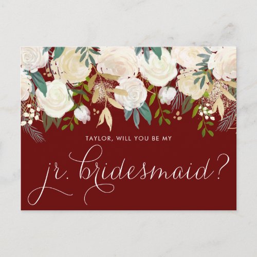Gold Pale Peonies Floral Red Be My Jr Bridesmaid Invitation Postcard