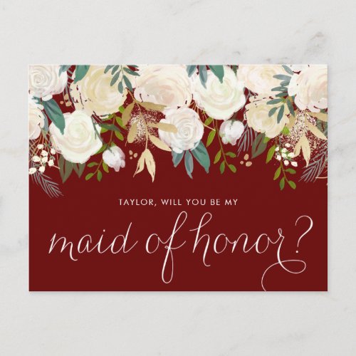 Gold Pale Peonies Floral Red Be My Maid of Honor Invitation Postcard