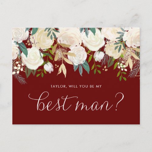 Gold Pale Peonies Floral Red Best Man Proposal Invitation Postcard