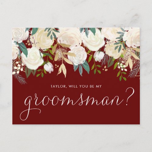 Gold Pale Peonies Floral Red Groomsmen Proposal Invitation Postcard