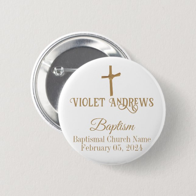 Gold Palm Cross Personalized Baptism Button (Front & Back)