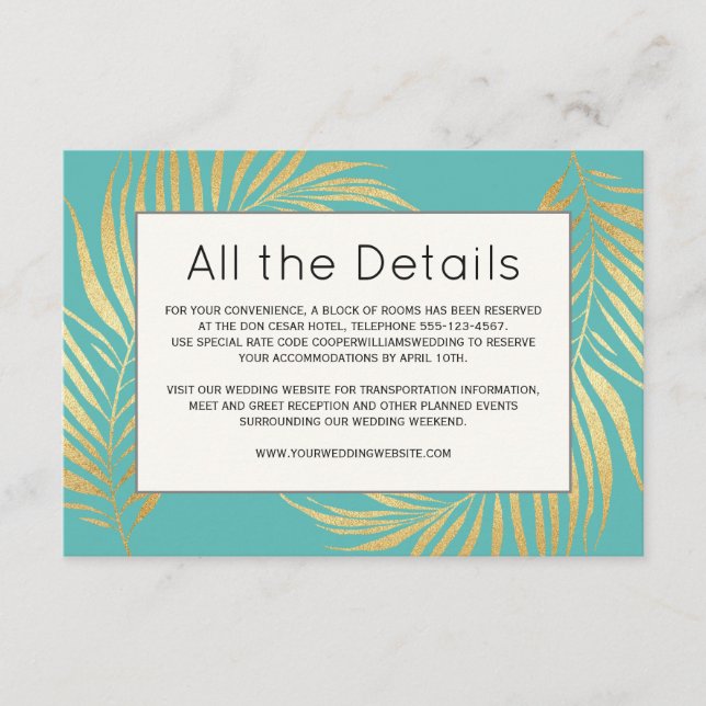 Gold Palm Frond on Caribbean Blue Wedding Details Enclosure Card (Front)