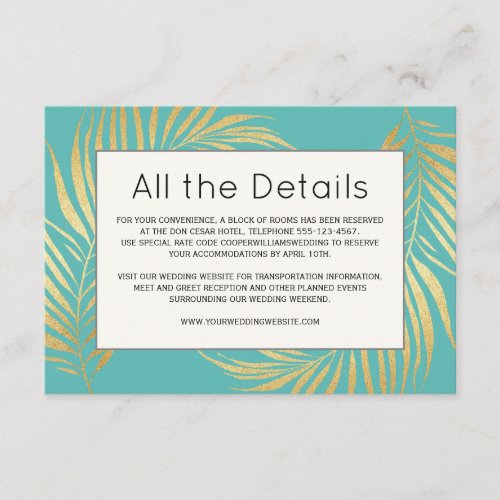 Gold Palm Frond on Caribbean Blue Wedding Details Enclosure Card