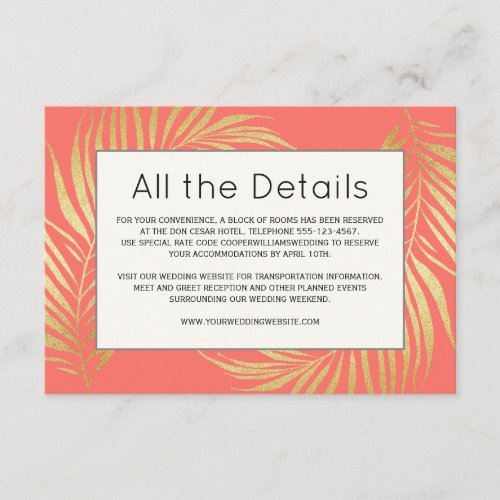 Gold Palm Frond on Coral Wedding Details Enclosure Card