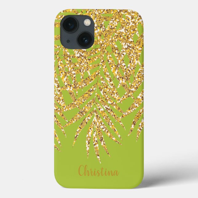 Gold Palm Fronds Name Personalized Chartreuse Case-Mate iPhone Case (Back)